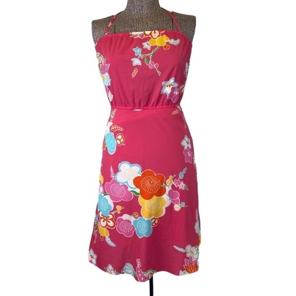 Vintage Dresses & Skirts - Vintage Esprit Pink Retro Floral Print Strapless or Halter Neck Size 7/8 Dress